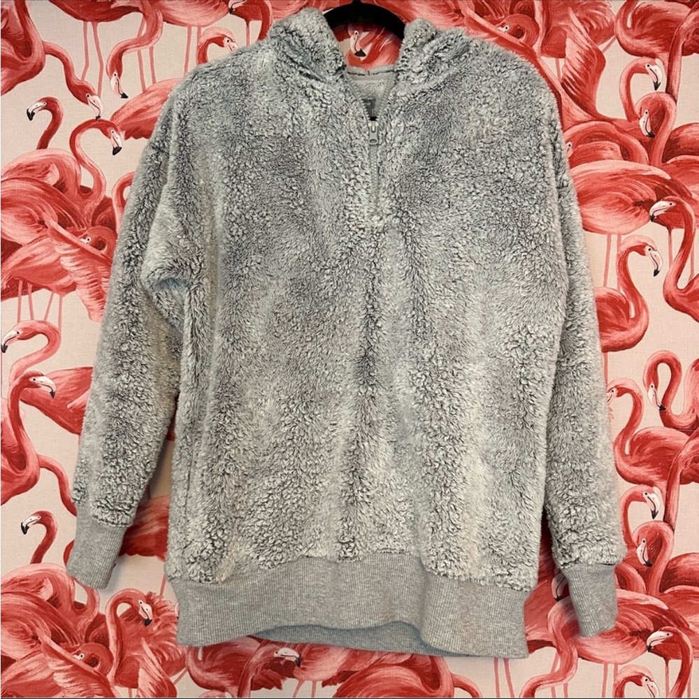 Aerie Gray Sherpa Quarter Zip Hoodie Size Small